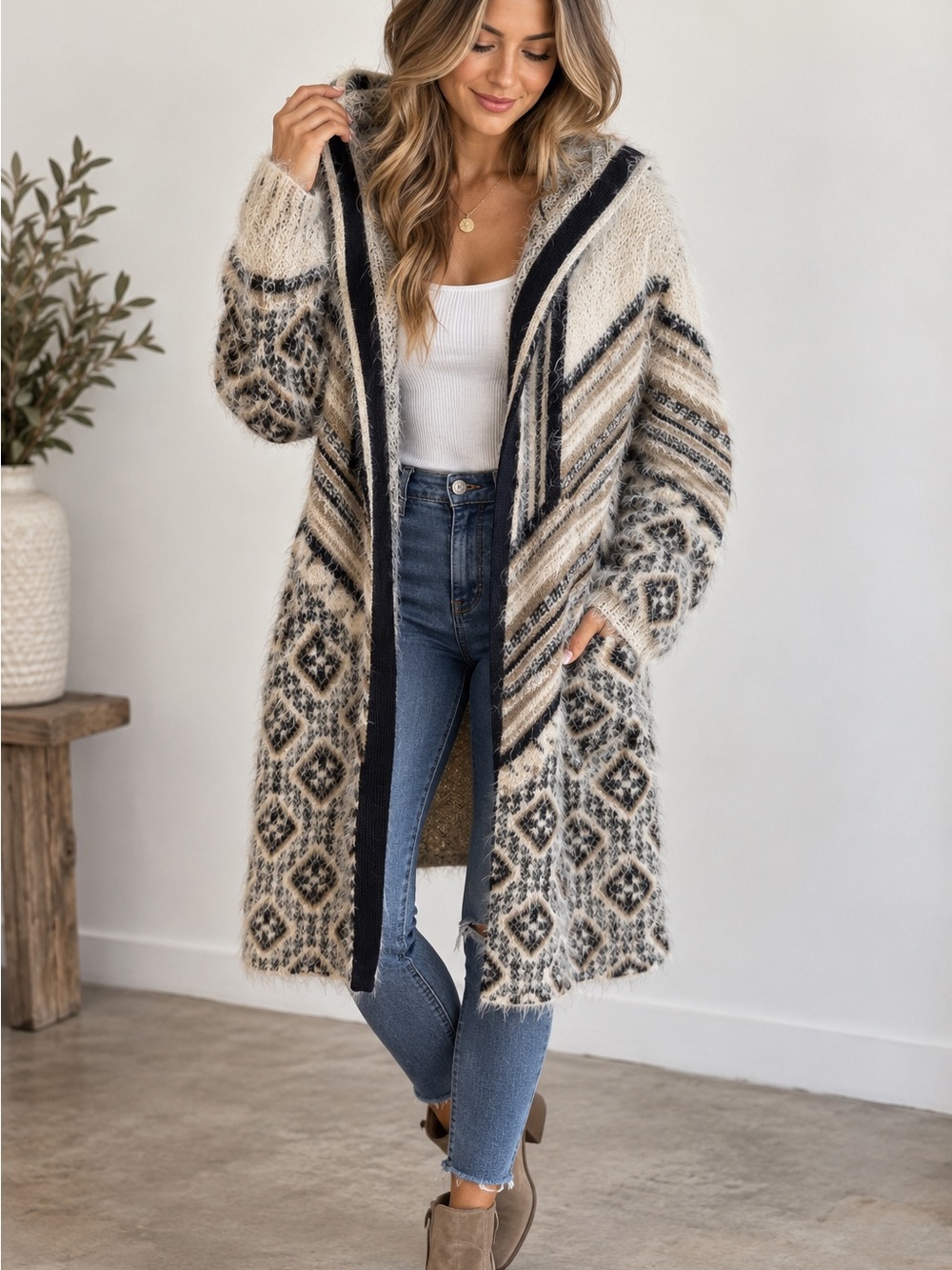 BCBGMAXAZRIA Women XL Fuzzy Hooded Cardigan Sweater Long Open Front Boho Aztec